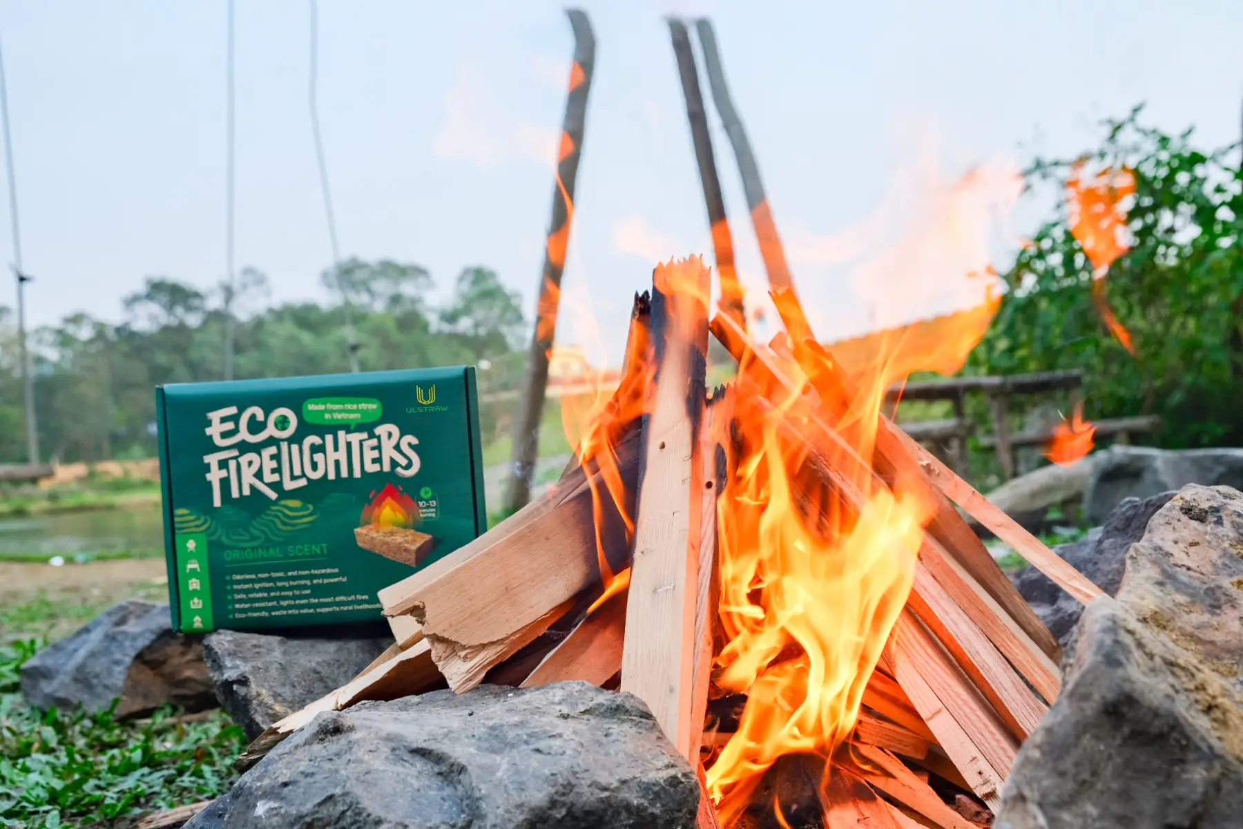 Ulstraw eco firelighter starting a wood fire