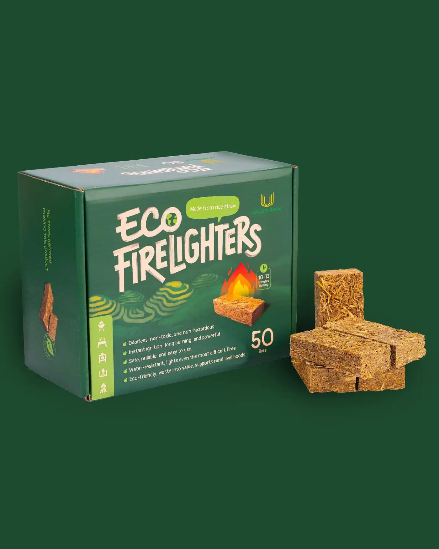 Ulstraw Eco Firelighters 50 Bars private-label bar pack ready for export